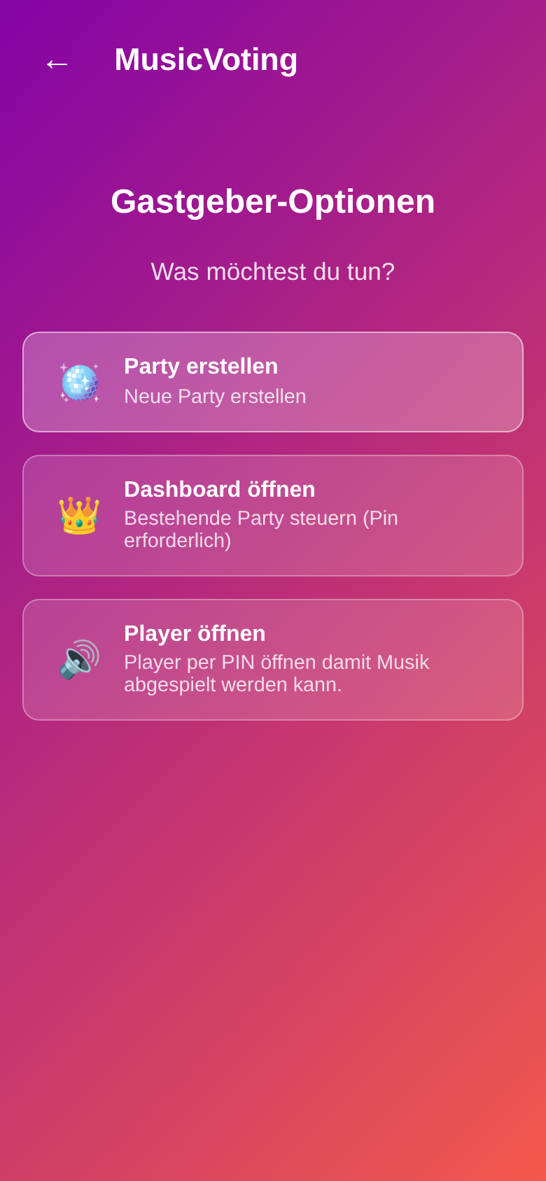 Screenshot Gastgeber-Optionen